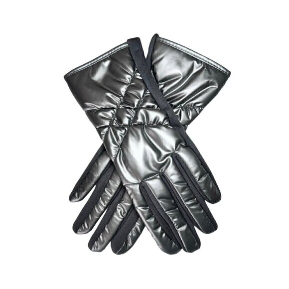 NEW Winter Puffer Gloves Sz.M 7 Gray Metallic Nylon Fleece Touchscreen Friendly - Picture 1 of 10